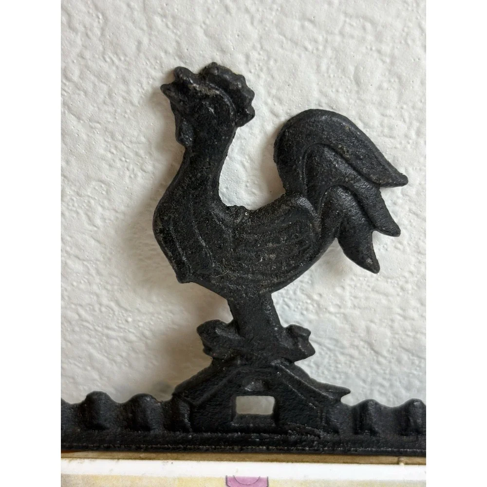 Vintage Japan Cast Iron Rooster Trivet Wall Plaque Ceramic Tile Spinning Wheel
